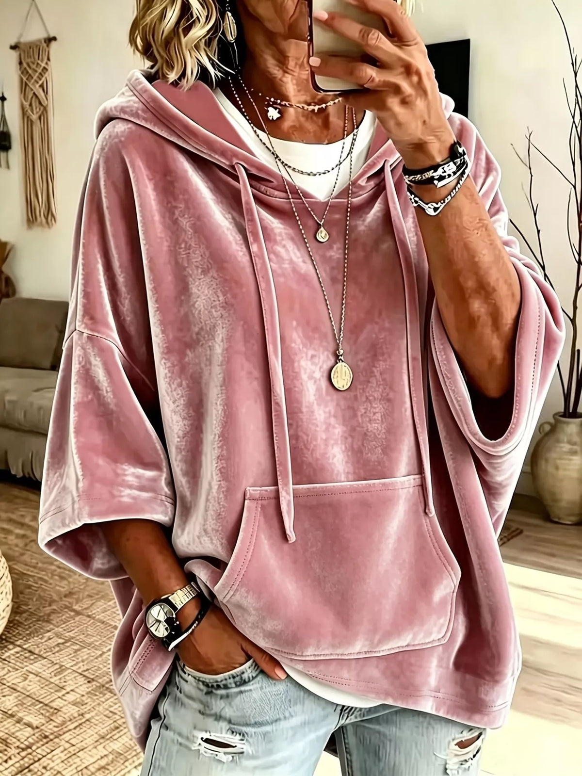 Trendsi Full Size Velvet 3/4 Sleeve Hoodie with Kangaroo Pocket Plus Size -
