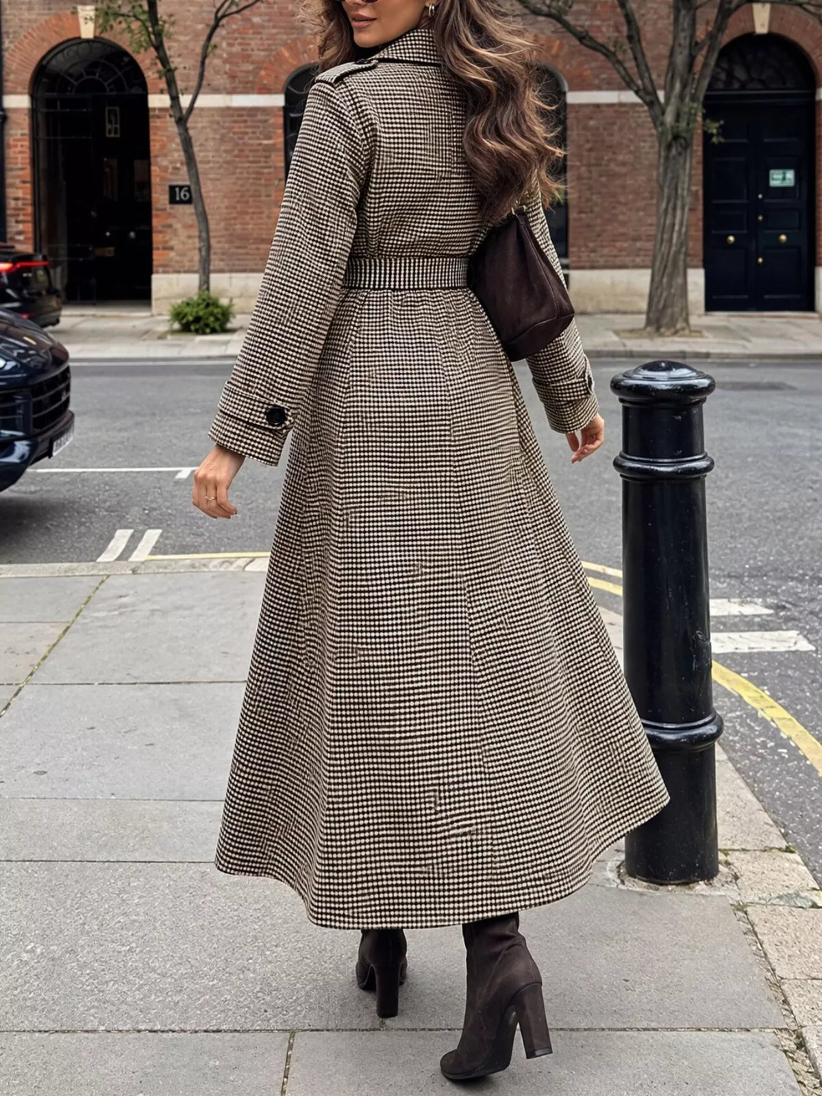 Plaid Double-Breasted Trench Coat — back view