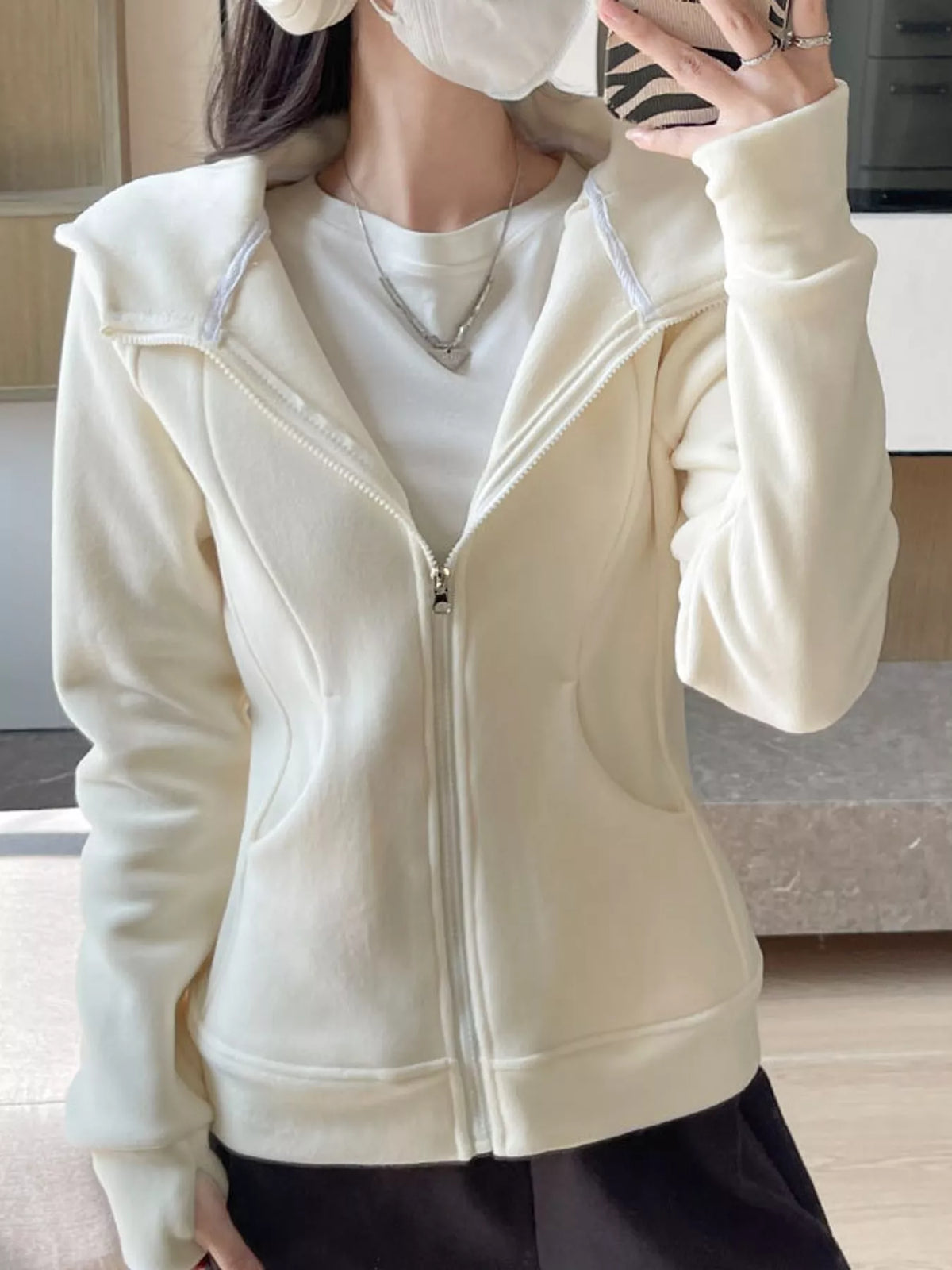 Slim-Fit Full-Zip Thumb Hole Long Sleeve Hoodie with Pockets — front view