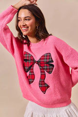 Trendsi SO ME Checker Plaid Ribbon Christmas Holiday Sweater -