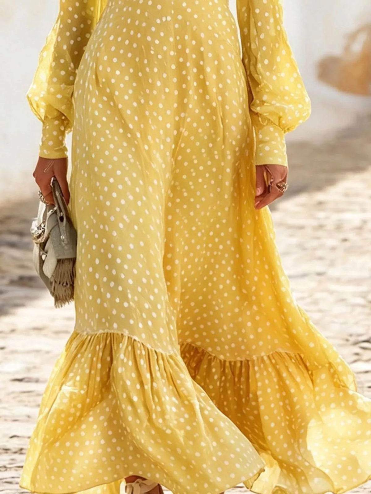 Polka-dot ruffle v-neck maxi dress