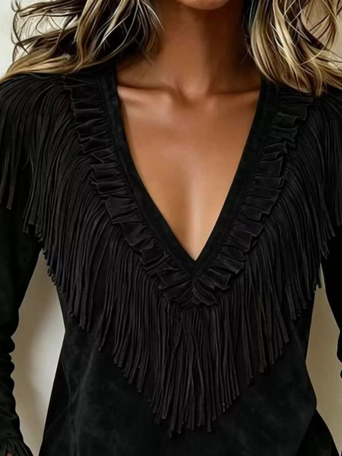 Fringed V-Neck Blouse in black, neckline detail