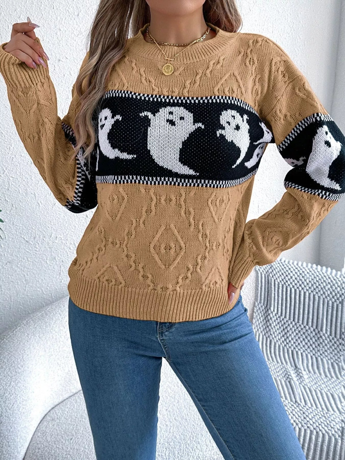 Halloween Ghost Pattern Textured Sweater in camel, front view