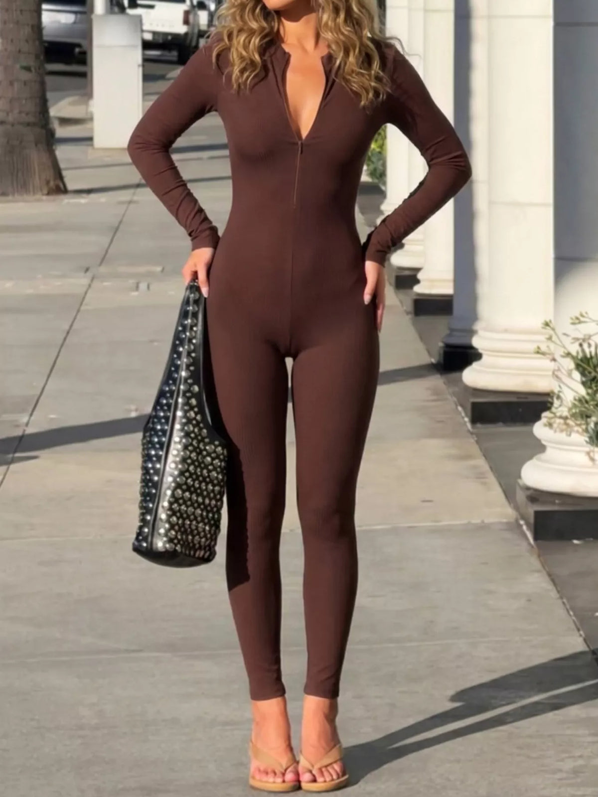 Long Sleeve Ribbed Zip-Front Slim Fit Jumpsuit, front view