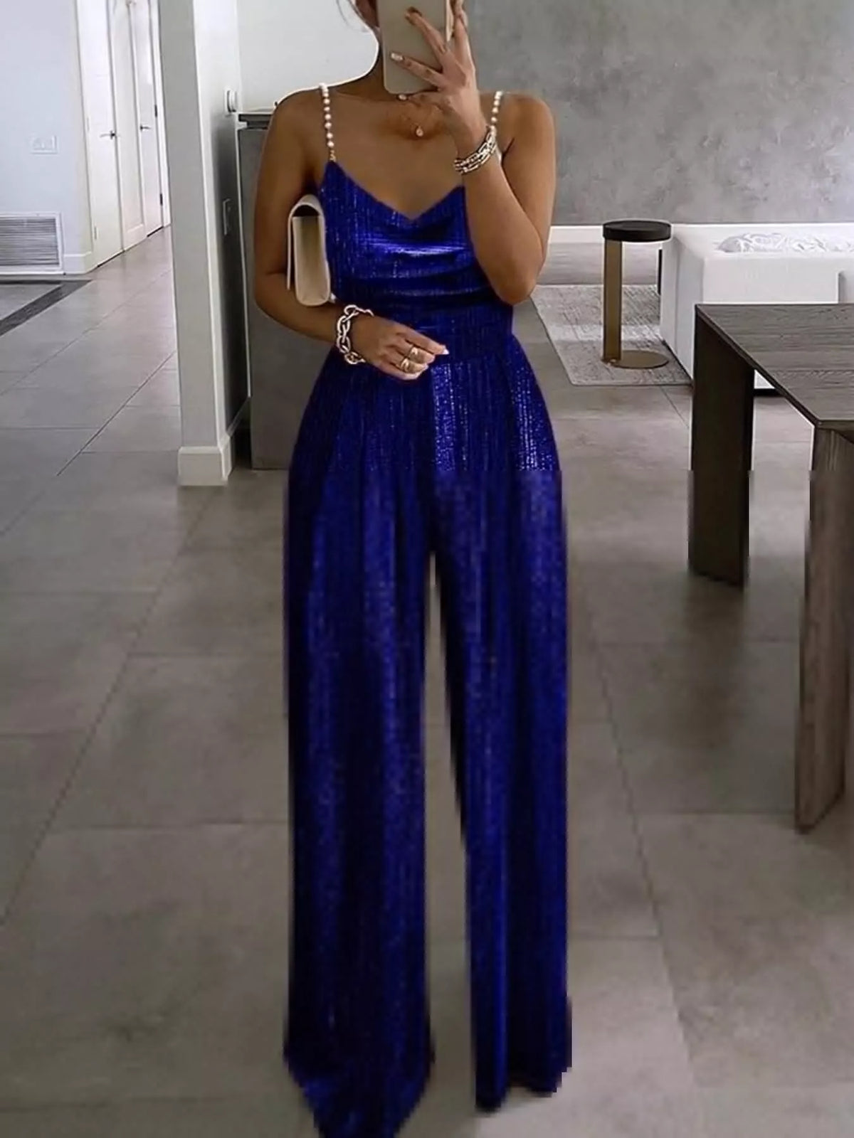 Metallic Wide-Leg Jumpsuit with Pearl Strap Detail in blue