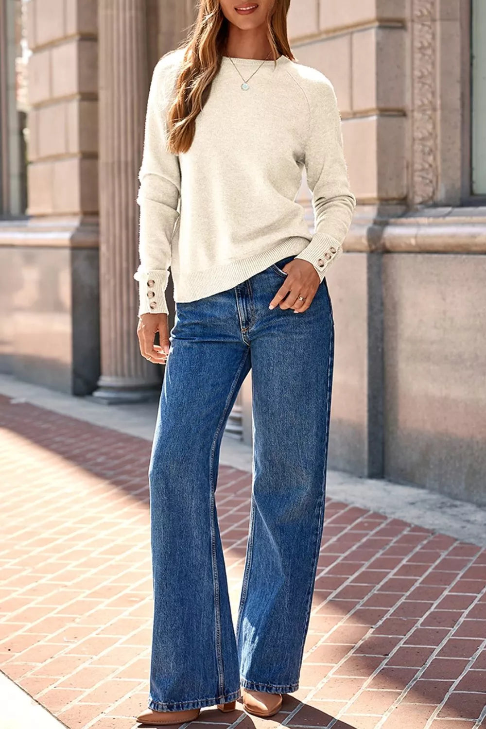 Trendsi Button-Cuff Crew Neck Sweater -