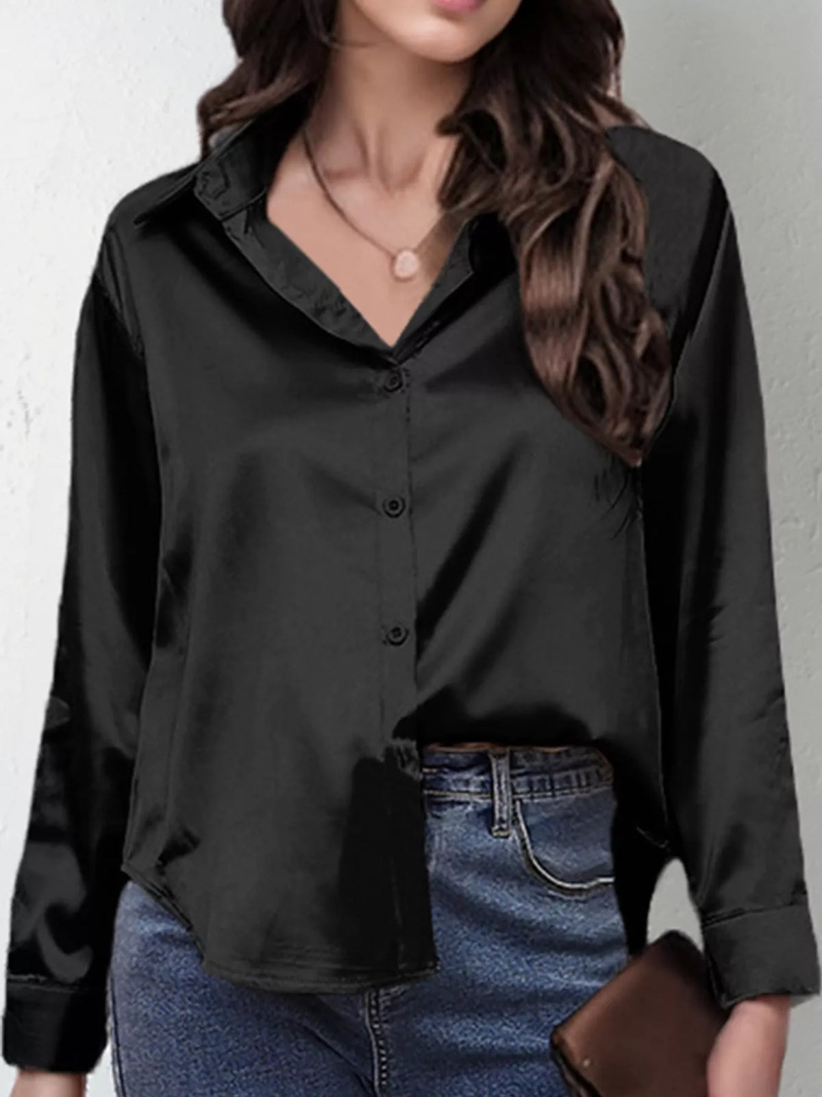 Dark Gray satin button-down long sleeve shirt