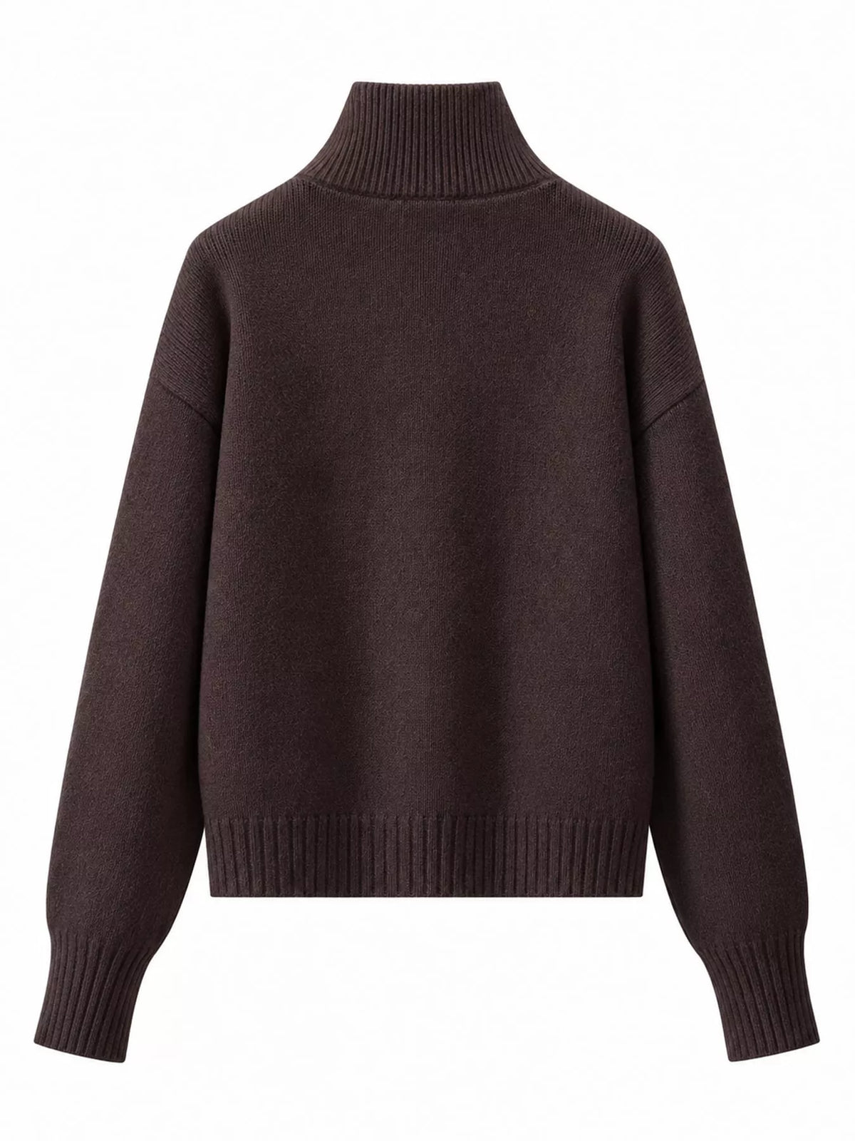 Coffee turtleneck zip-up cardigan, back view