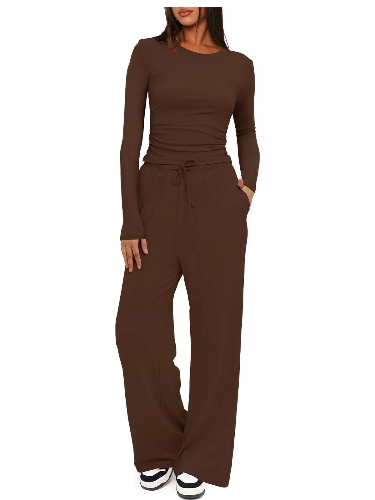 Long Sleeve Ruched Top and Wide-Leg Drawstring Pants Set — front view