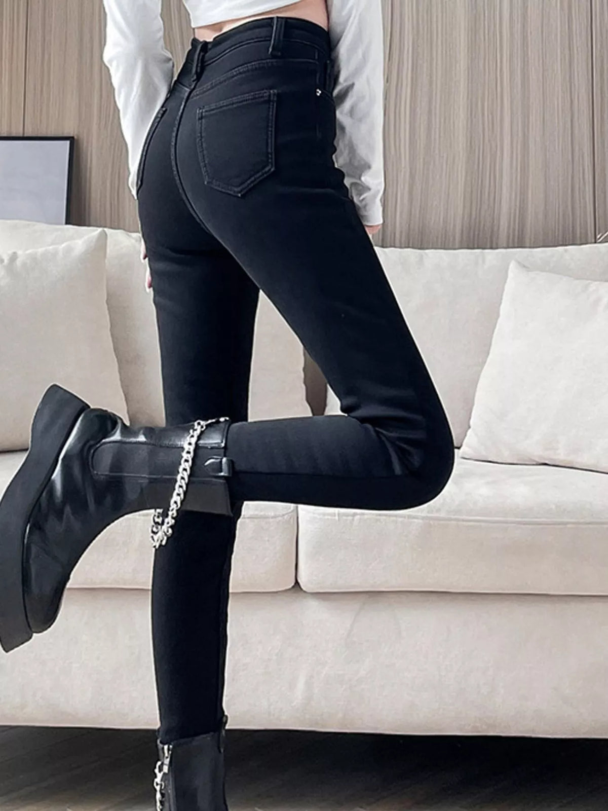 High-Waisted Slim-Fit Stretch Fleece Jeans — side view
