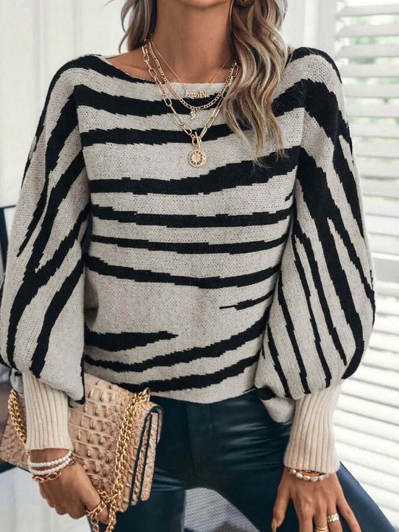 Trendsi Striped Lantern Sleeve Sweater -