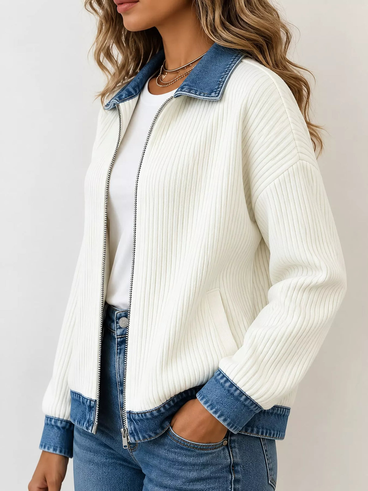 Cream denim-collar ribbed knit zip-up jacket — side view