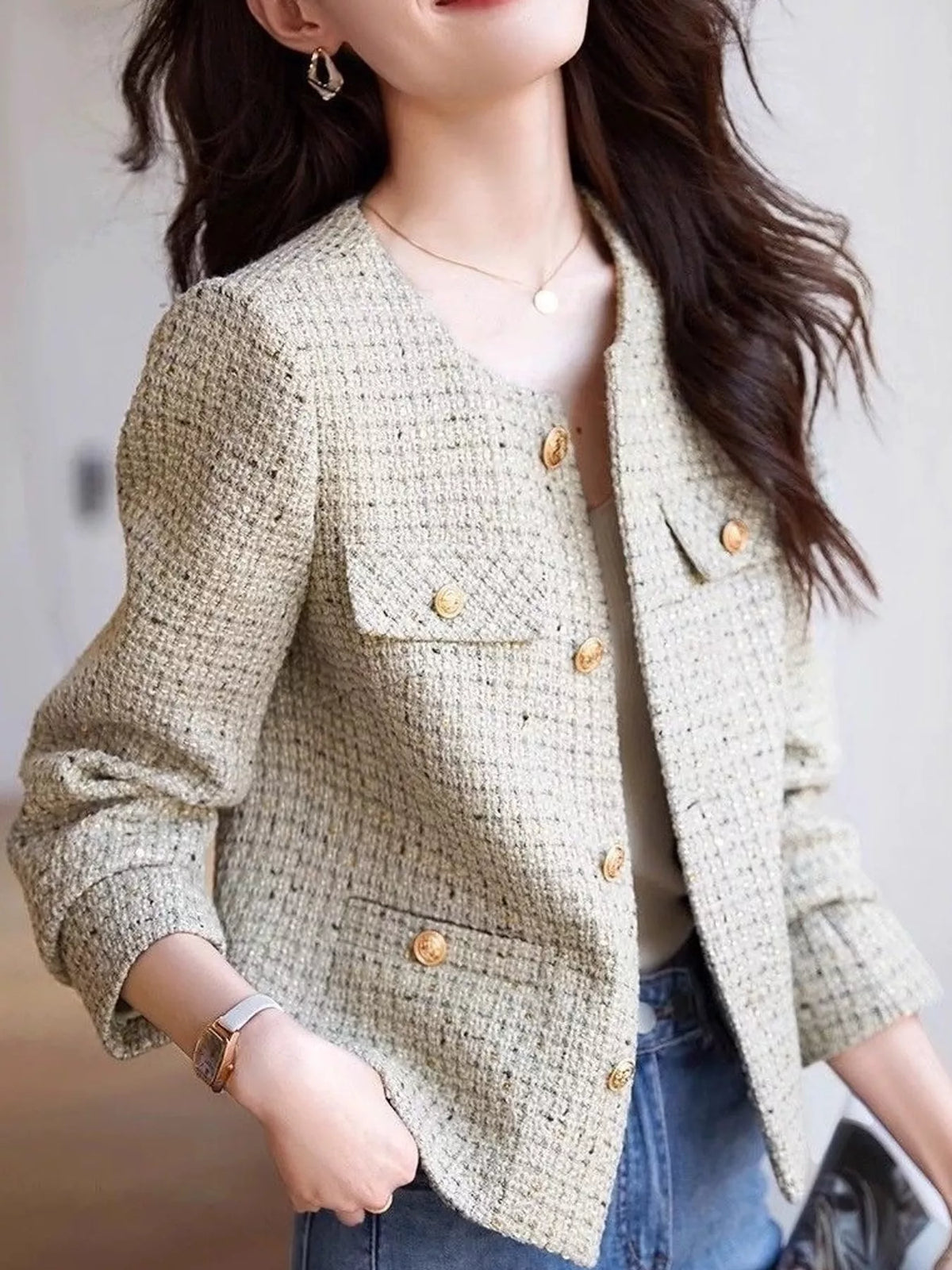 Textured Jacket with Gold-Tone Button Accents in white