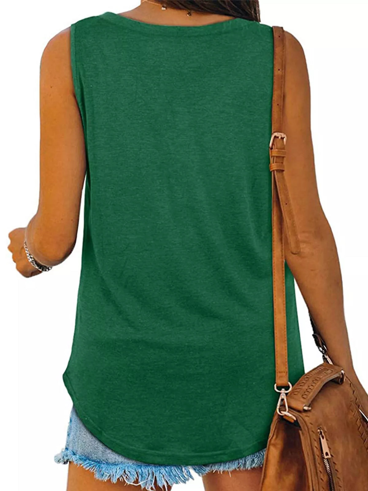 Green v-neck loose fit tank top, back view