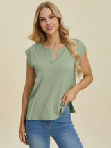Trendsi Double Take Full Size Notched Cap Sleeve Knit Top -