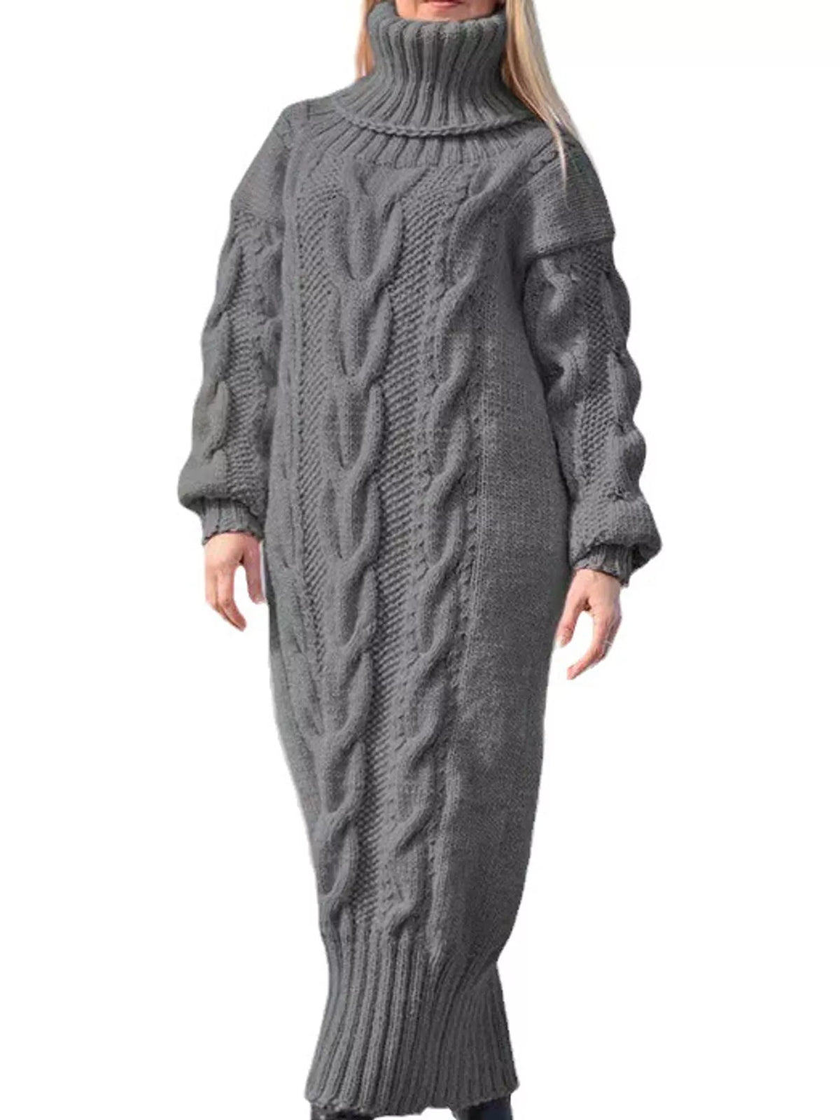 Gray oversized cable knit turtleneck sweater dress