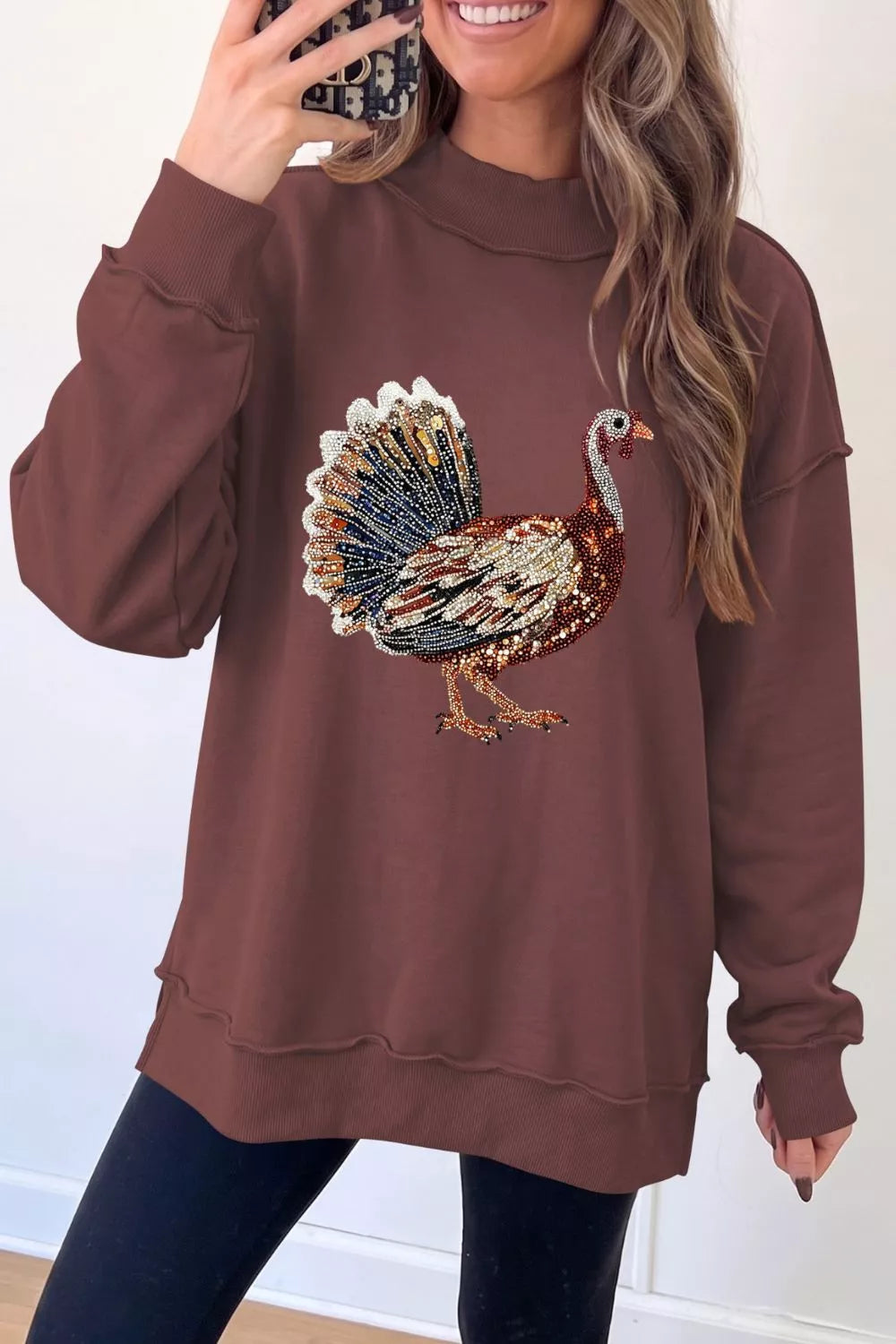 Brown thanksgiving turkey high neck graphic sweatshirt — front view