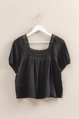 Trendsi HYFVE Crochet Detail Puff Sleeve Peasant Top - Shirts