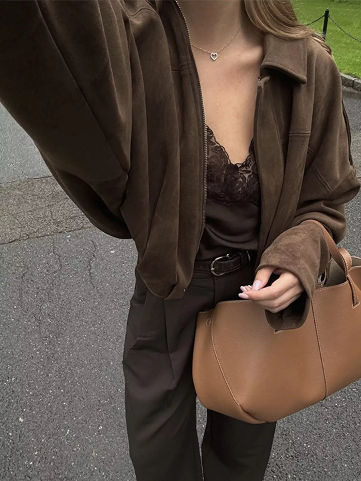 Cropped zip jacket, brown open front