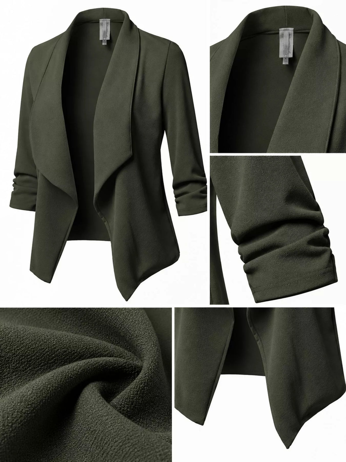Green open-front blazer with ruched 3/4 sleeves, lapel, sleeve, and fabric texture