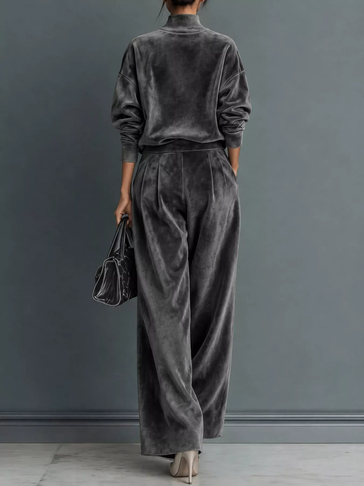 Dark gray velvet mock neck top and wide-leg pants set, back view