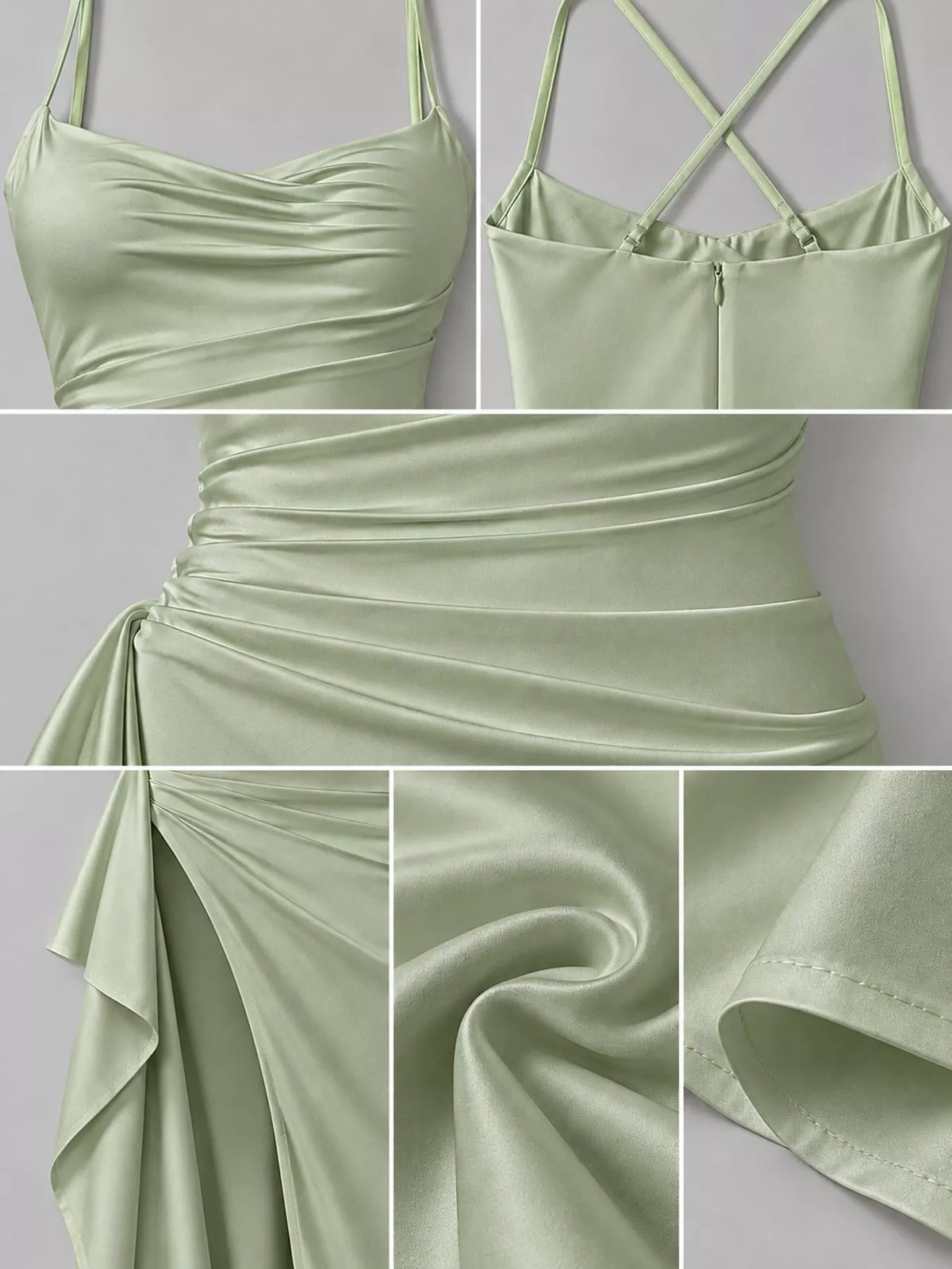 Pale green satin ruched high slit maxi dress, detail view