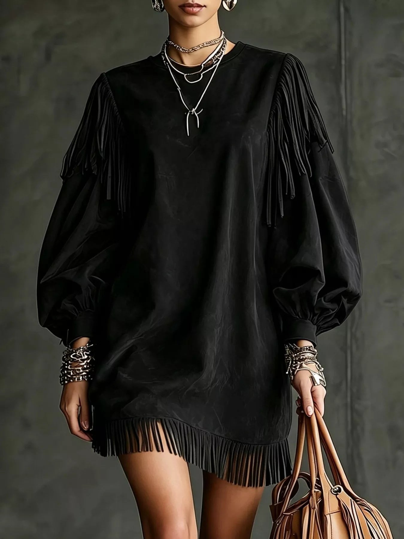 Trendsi Fringe Detail Lantern Sleeve Mini Dress -