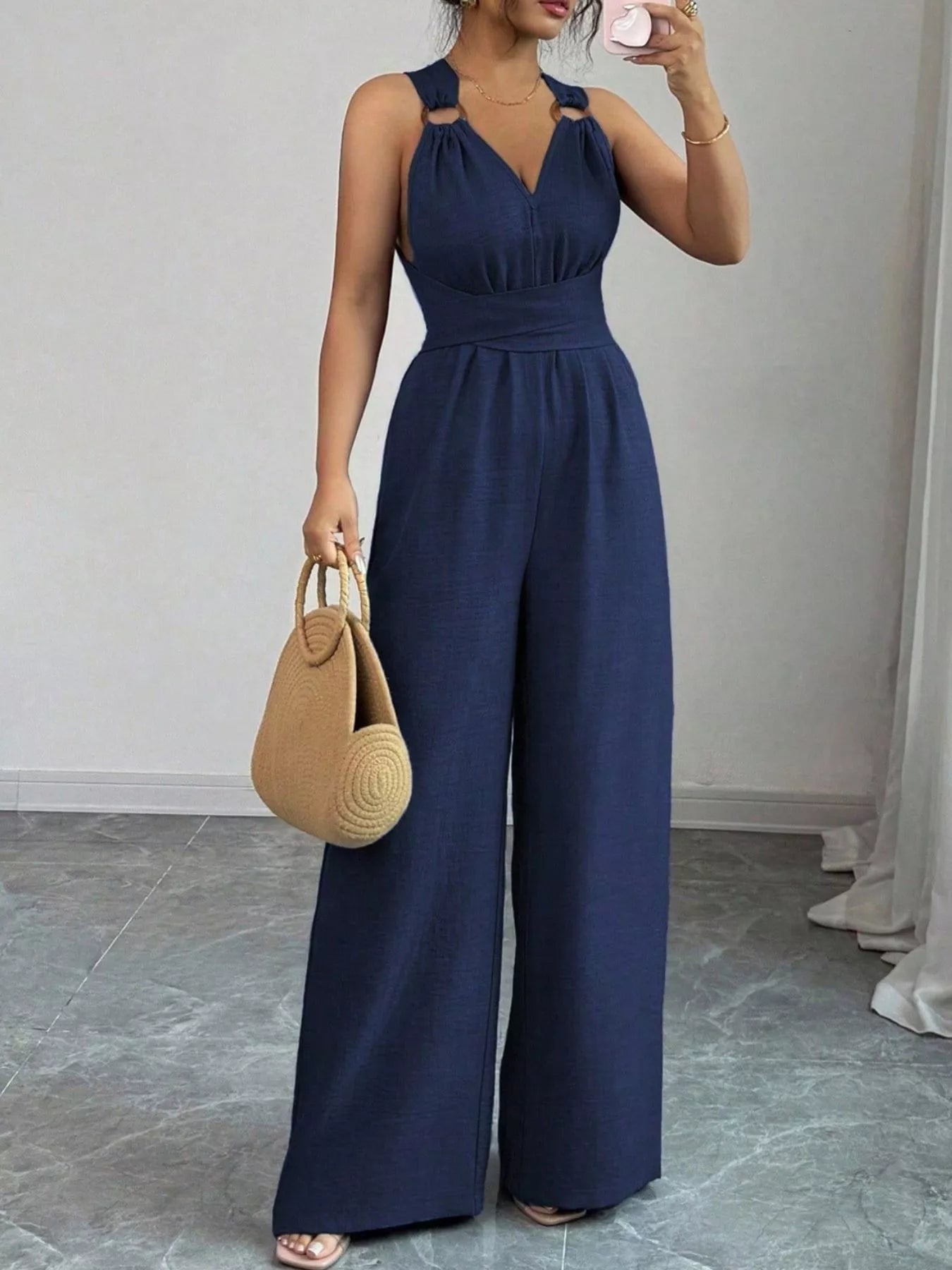 Trendsi Sleeveless V-Neck Wide-Leg Jumpsuit with O-Ring Detail -