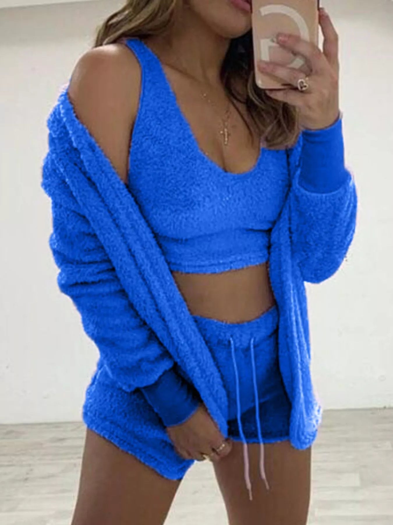 Trendsi Full Size Fuzzy Tank & Cardigan and Shorts Three-Piece Set Plus Size -