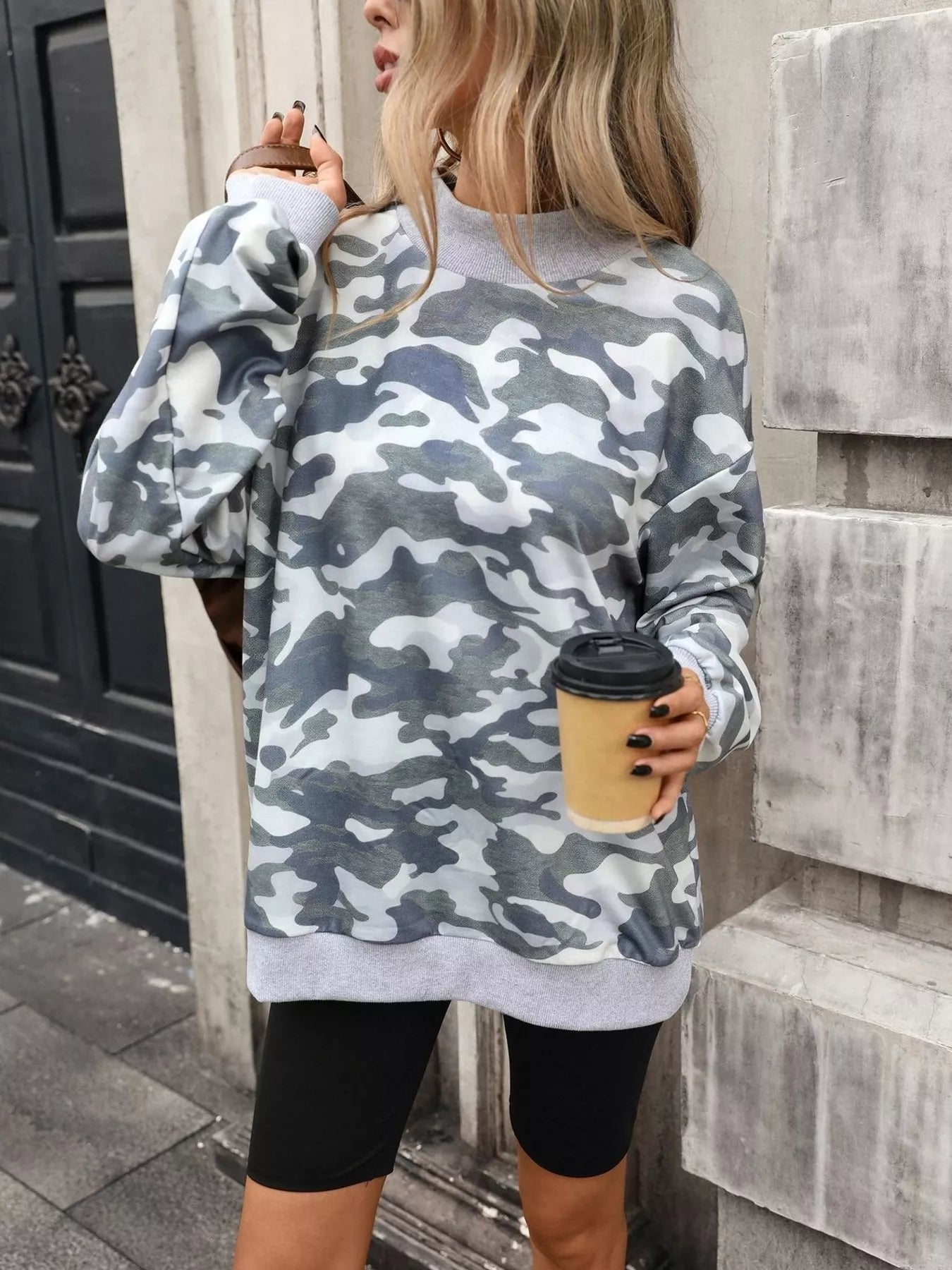Camouflage-print mock-neck sweatshirt