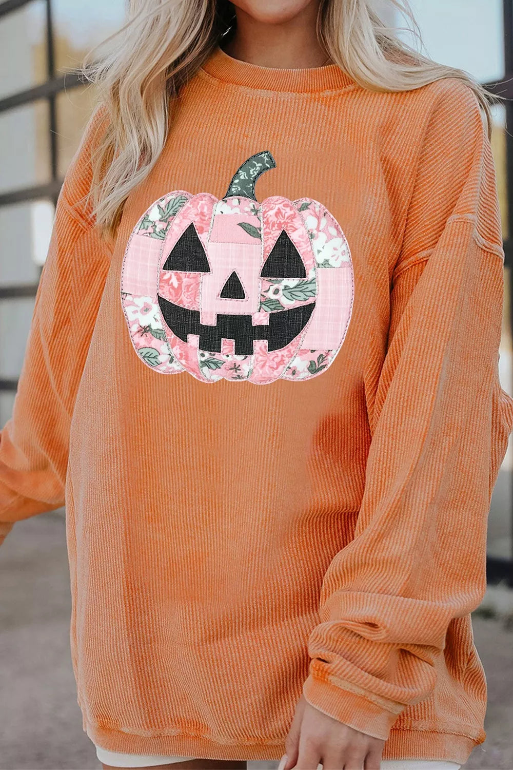 Trendsi Patchwork Pumpkin Graphic Corded Ribbed Round Neck Tunic Sweatshirt -