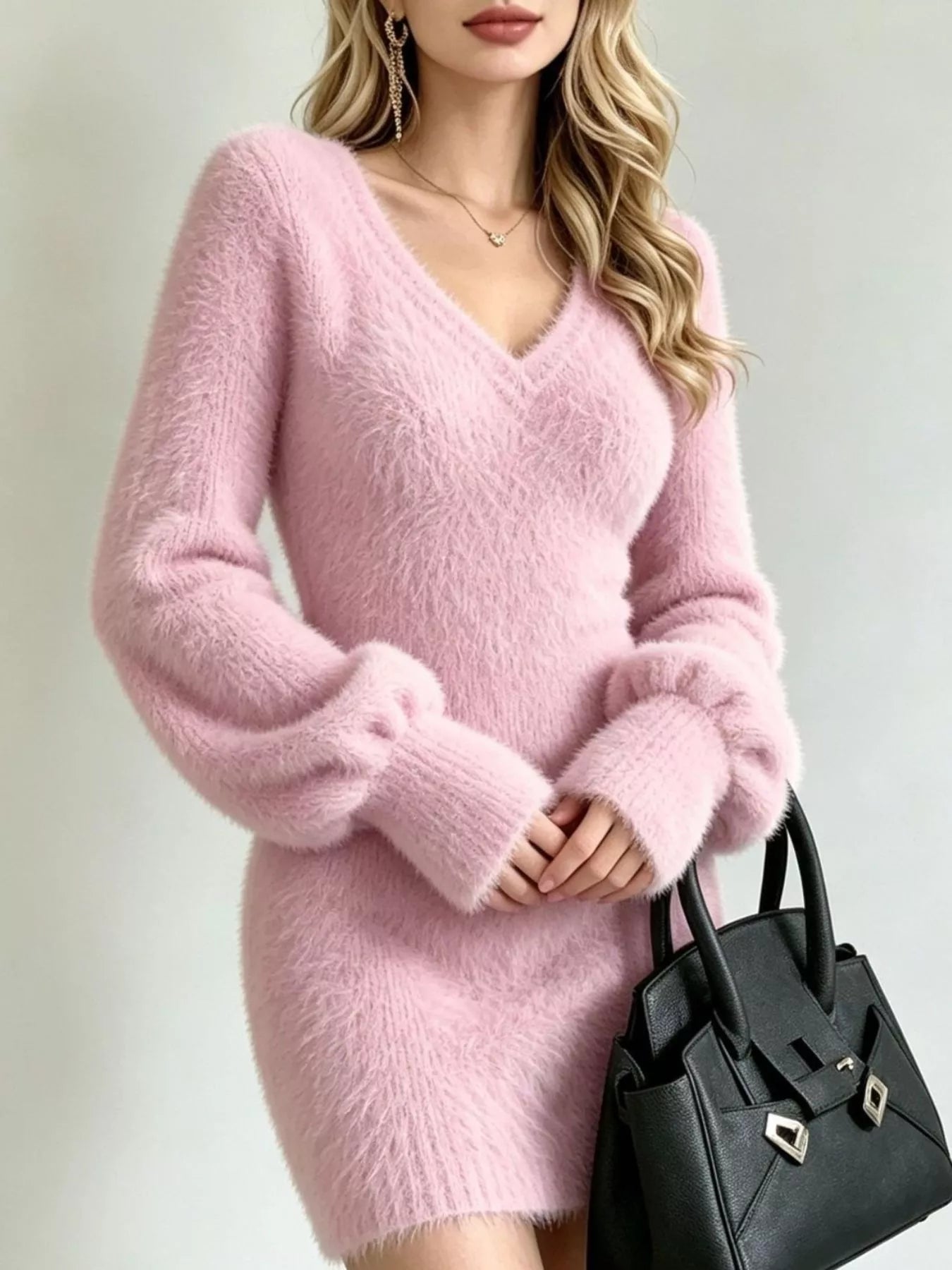 Trendsi V-Neck Fuzzy Knit Sweater Dress -