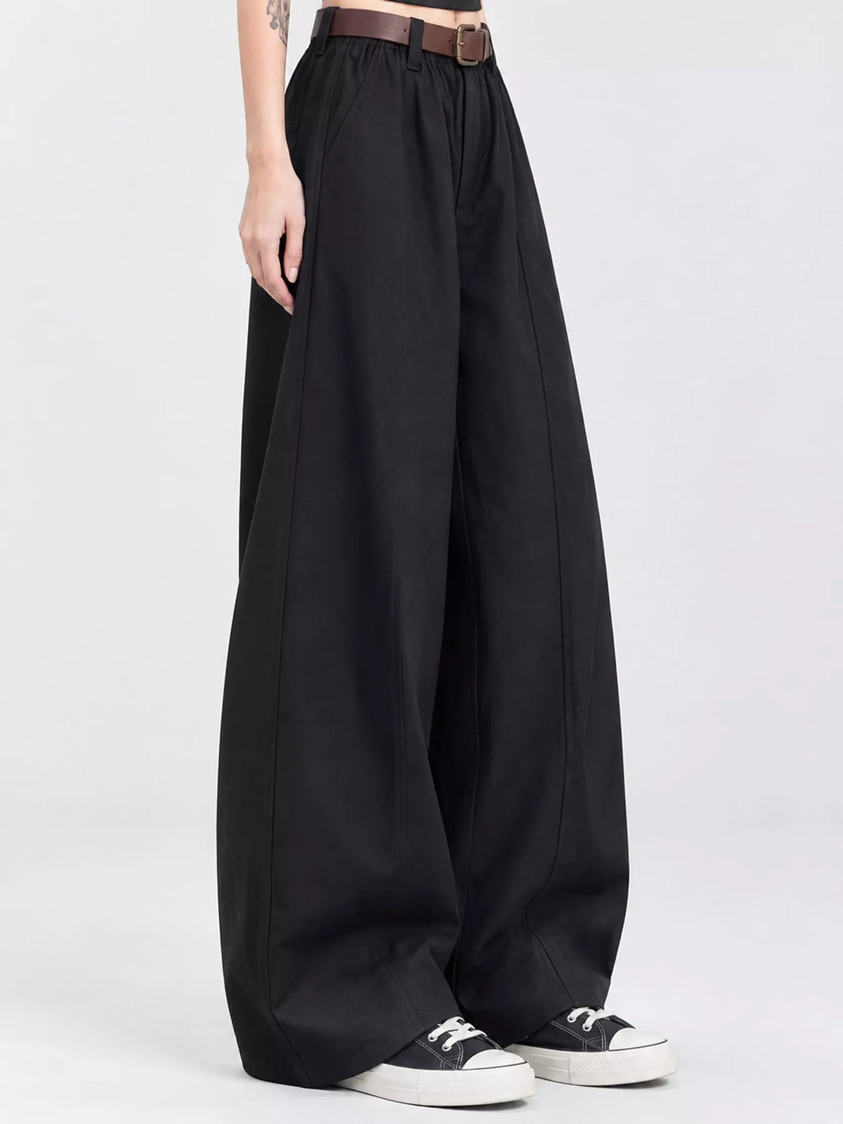 Black wide-leg pants, side view