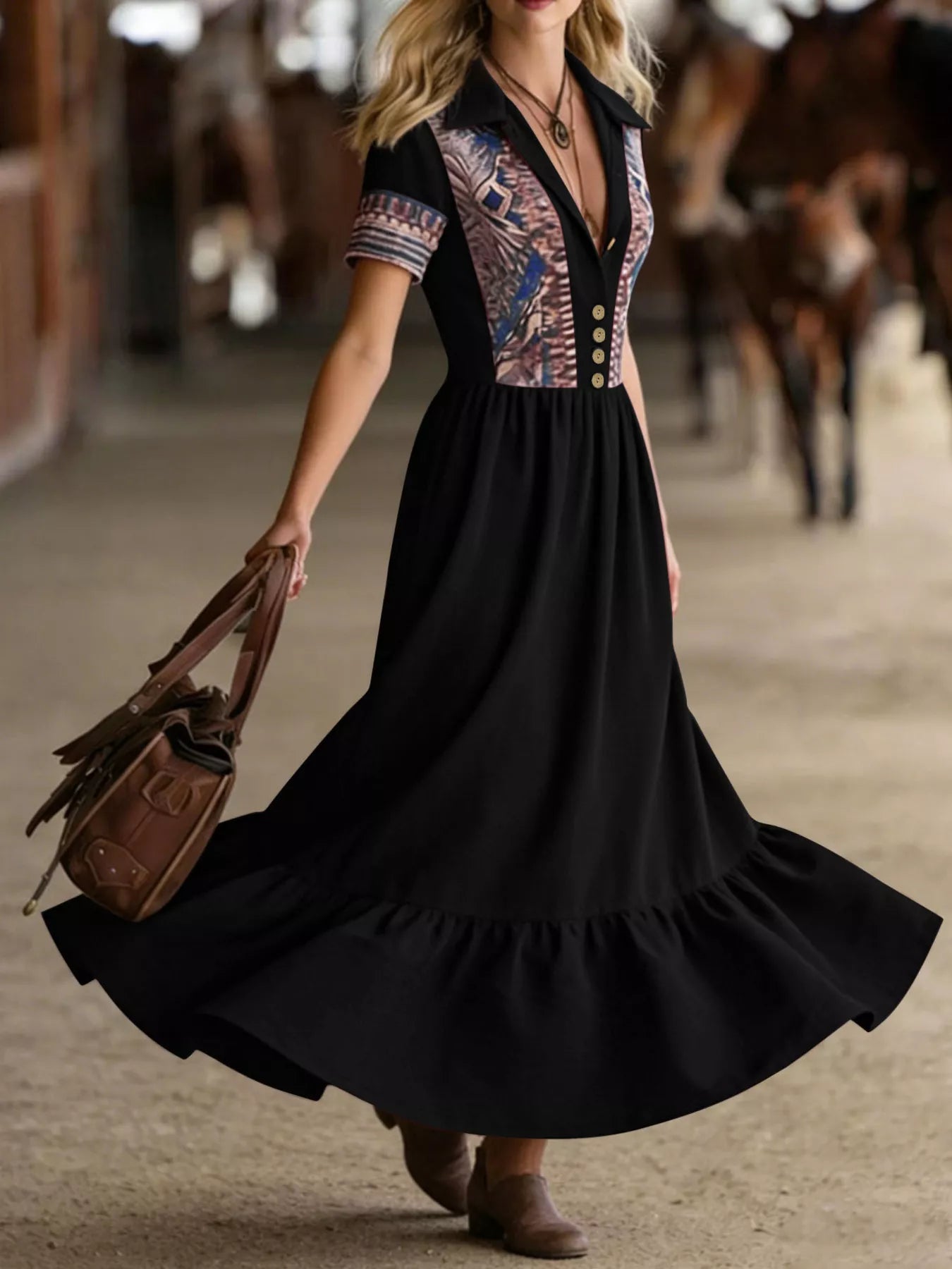 Trendsi Printed Button-Front Maxi Dress -