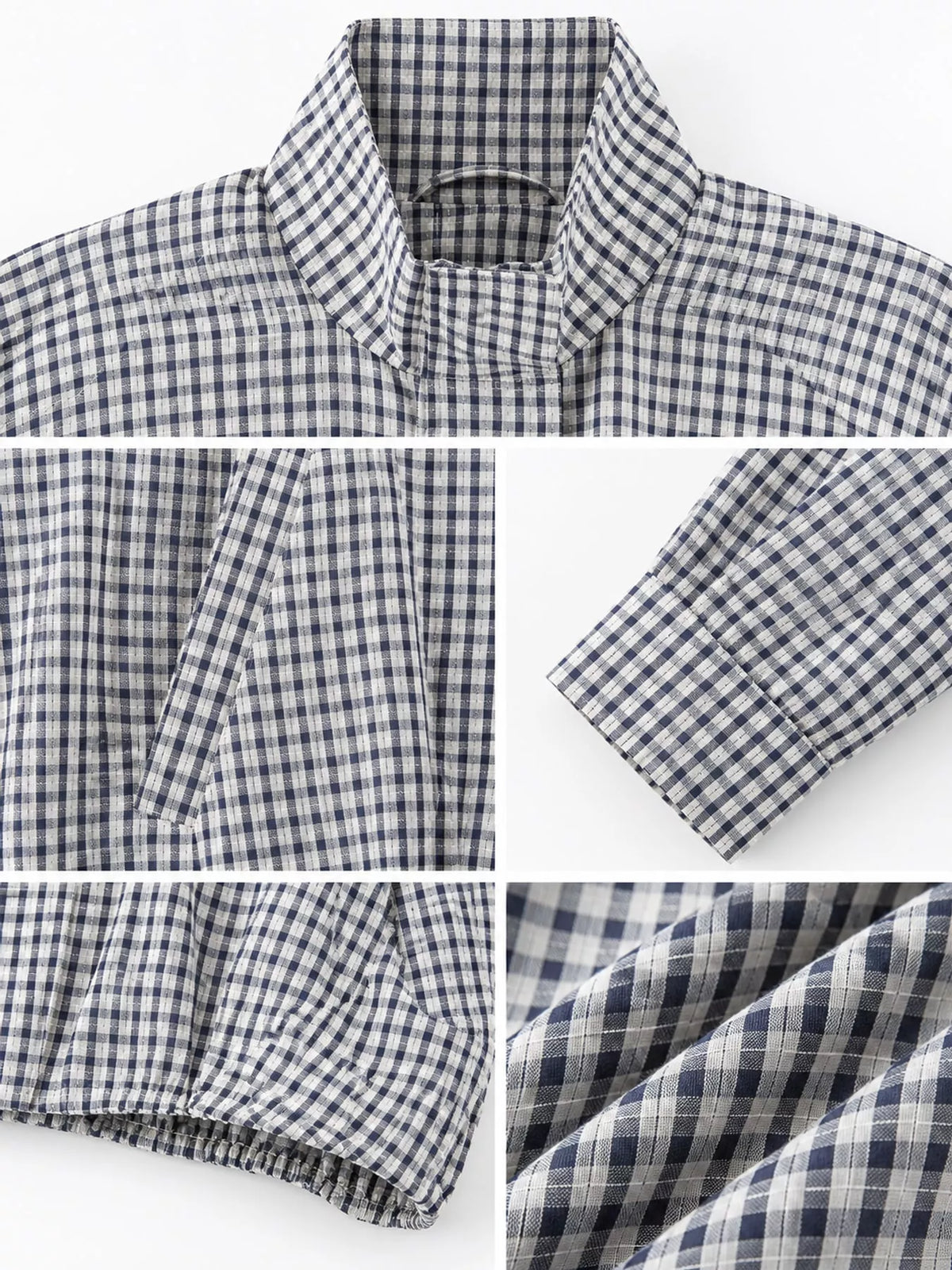 Navy Plaid plaid stand-collar cropped jacket, detail view