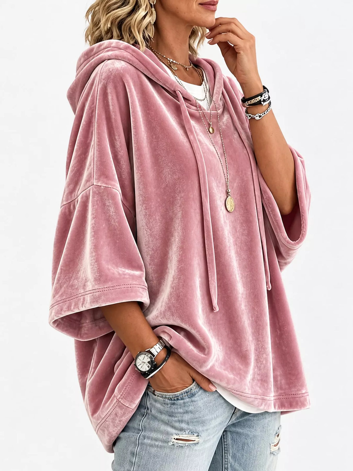 Pink velvet half sleeve hoodie with drawstring, side view