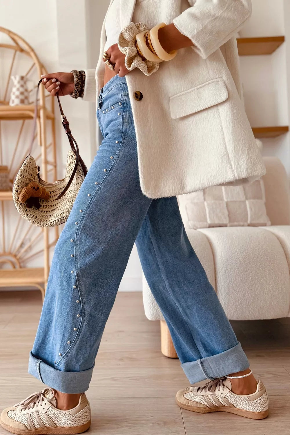 Trendsi Side Seam Rivet Detail Ankle Length Casual Jeans -