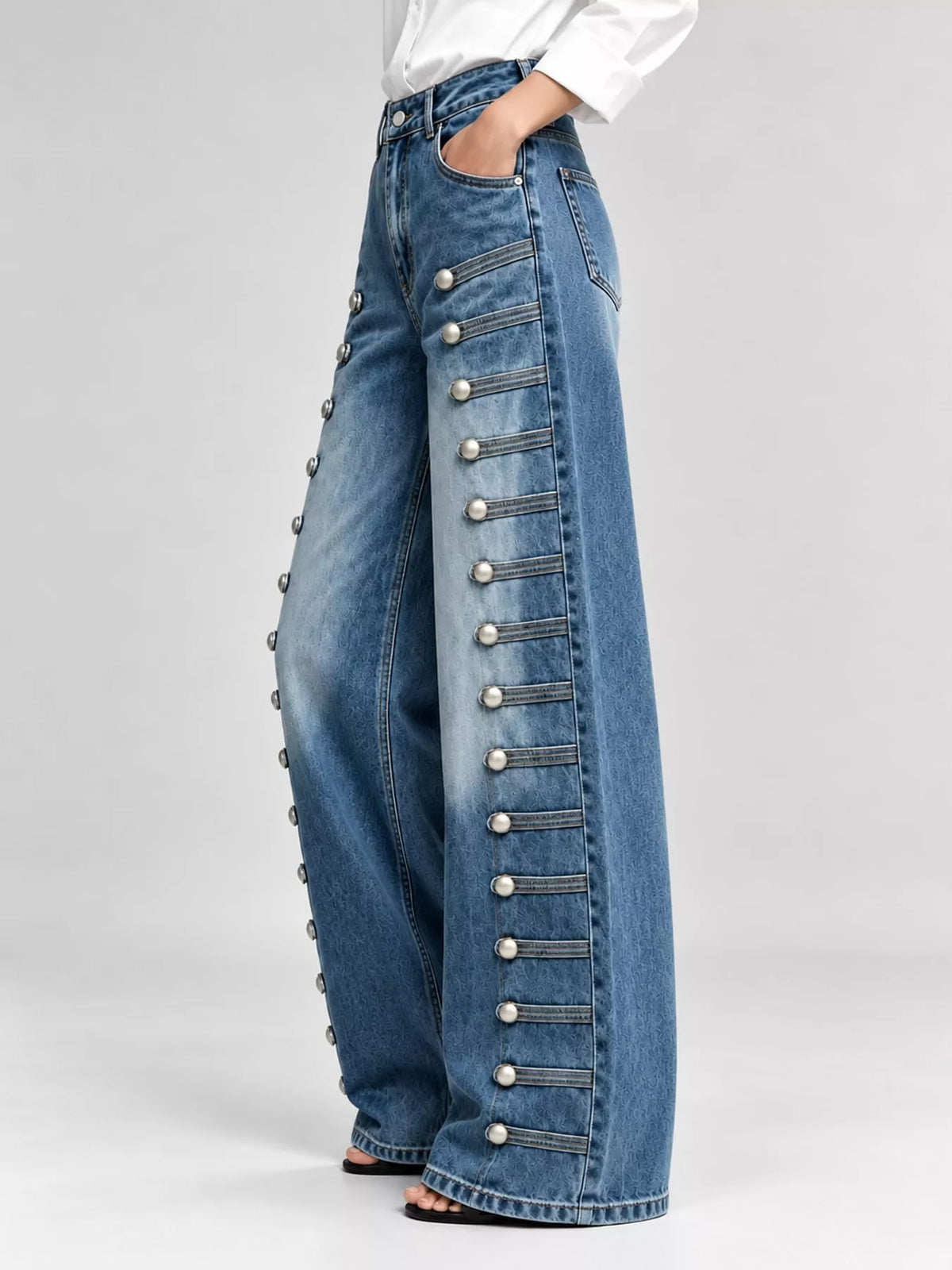 Decorative Button Wide-Leg Jeans in blue, side view