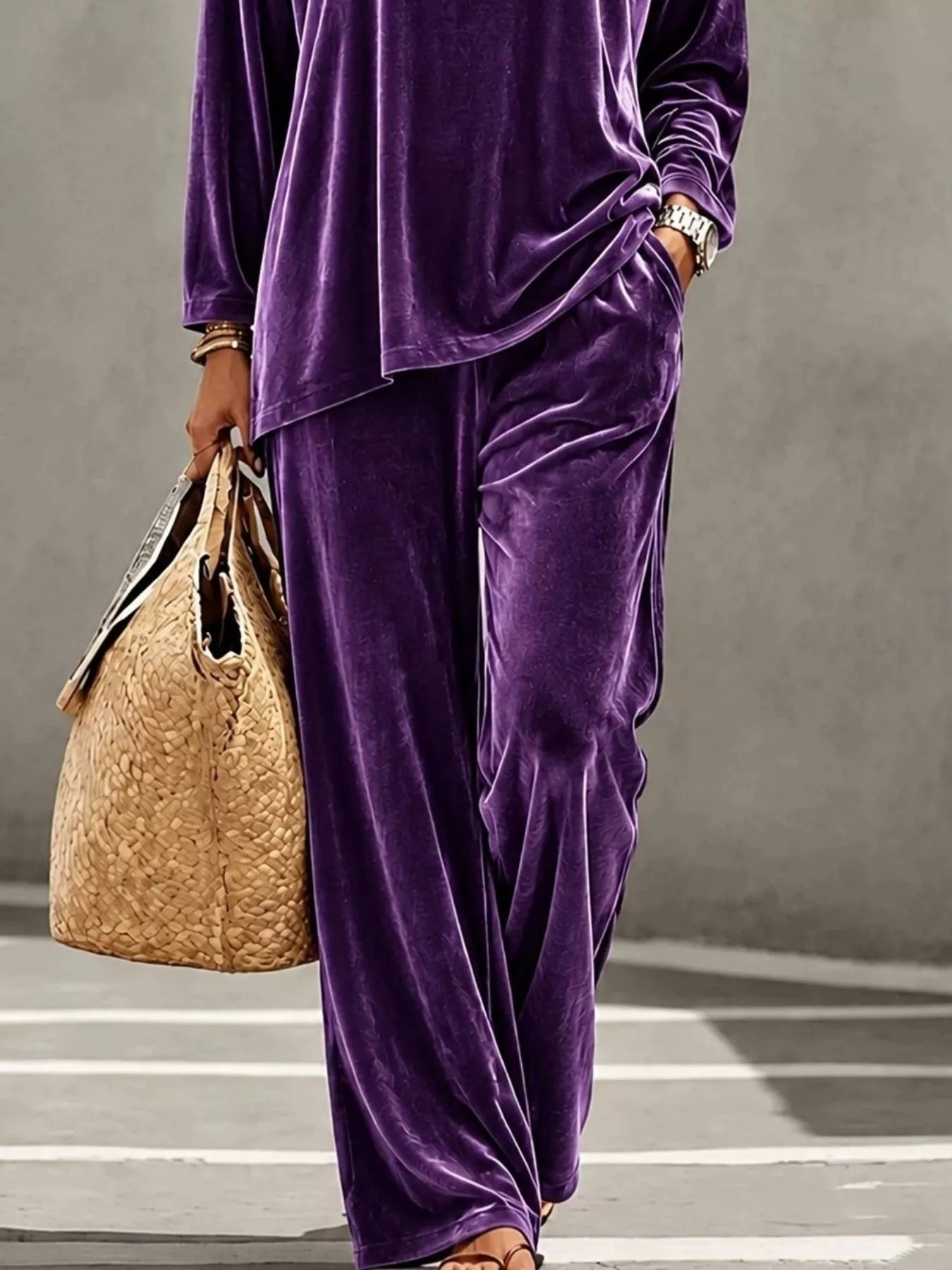 Trendsi Full Size Velvet Long Sleeve Top and Pants Set Plus Size -