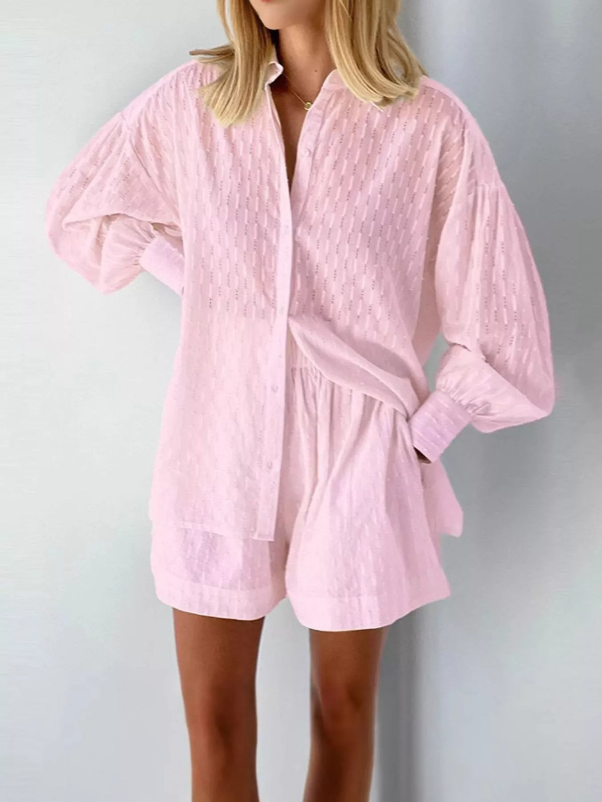 Women's Textured Button-Down Shirt and Shorts Set in pink — front view