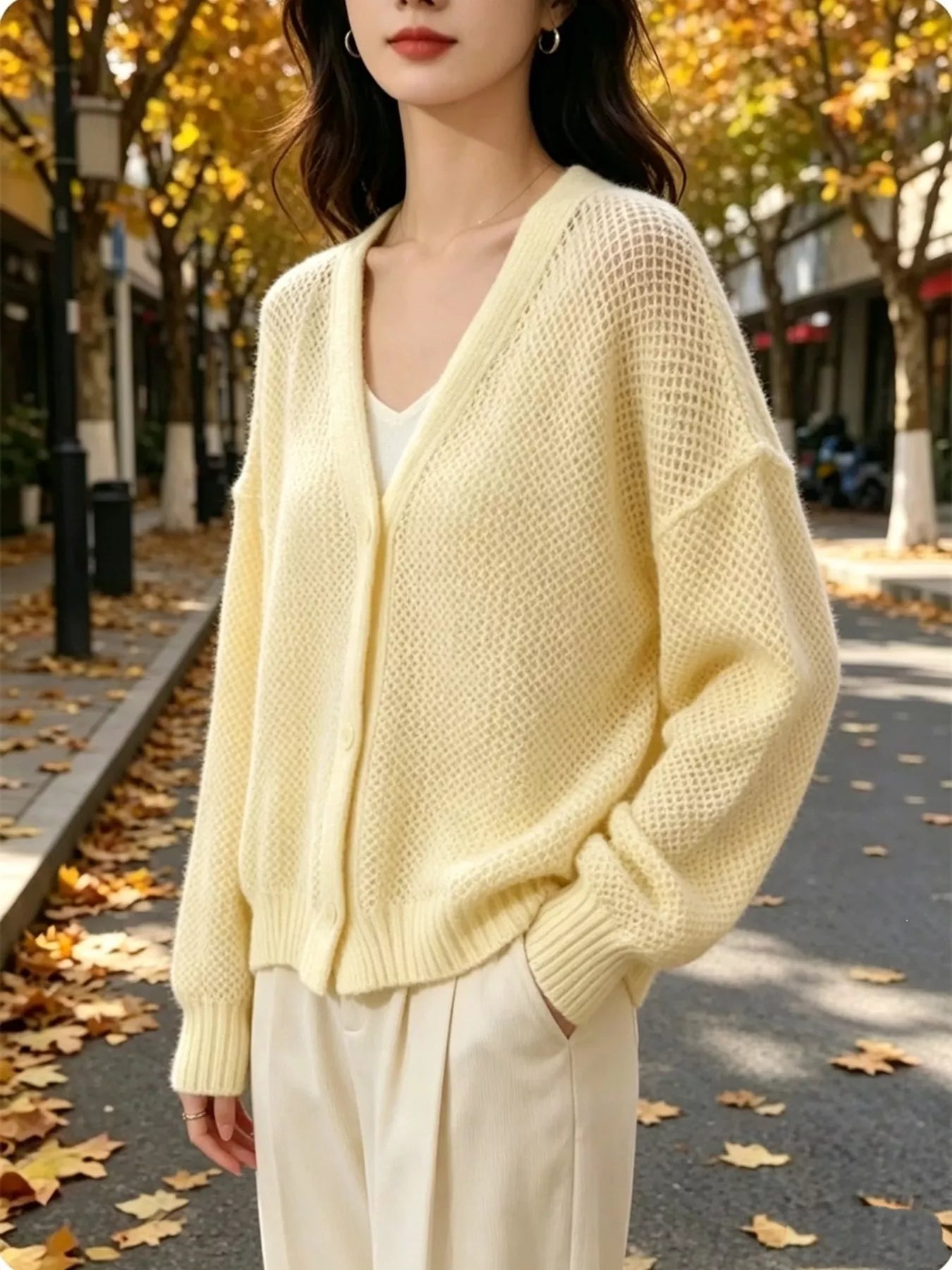 Trendsi V-Neck Open-Knit Button-Down Cardigan -