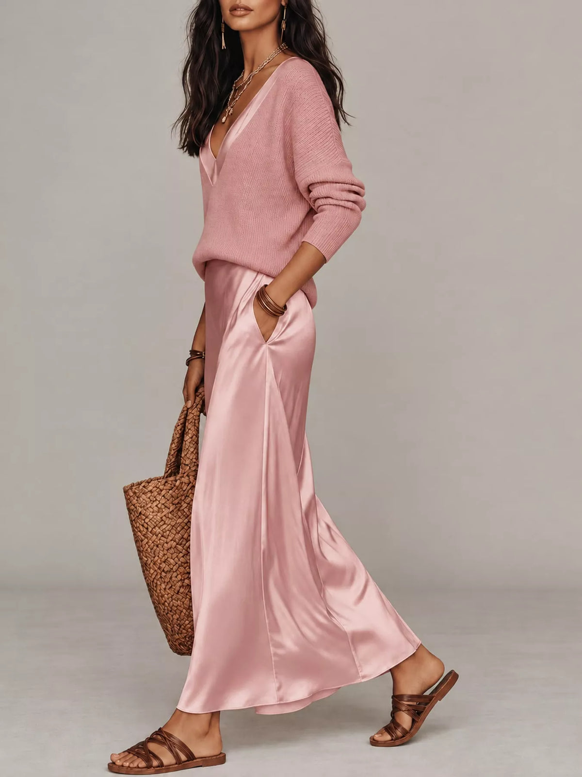 Pink-Set v-neck top and satin midi skirt set