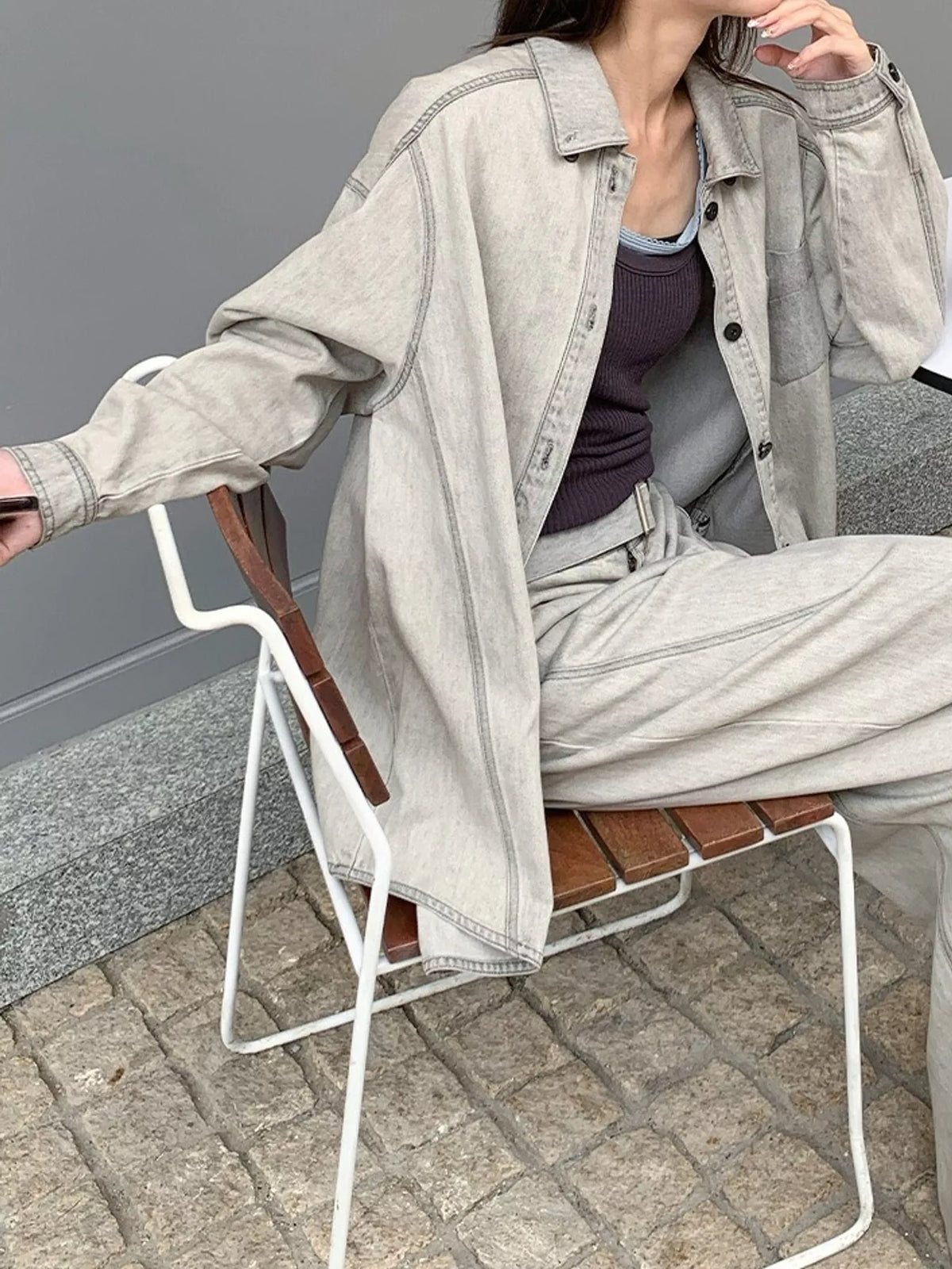 Gray button-down front denim shacket