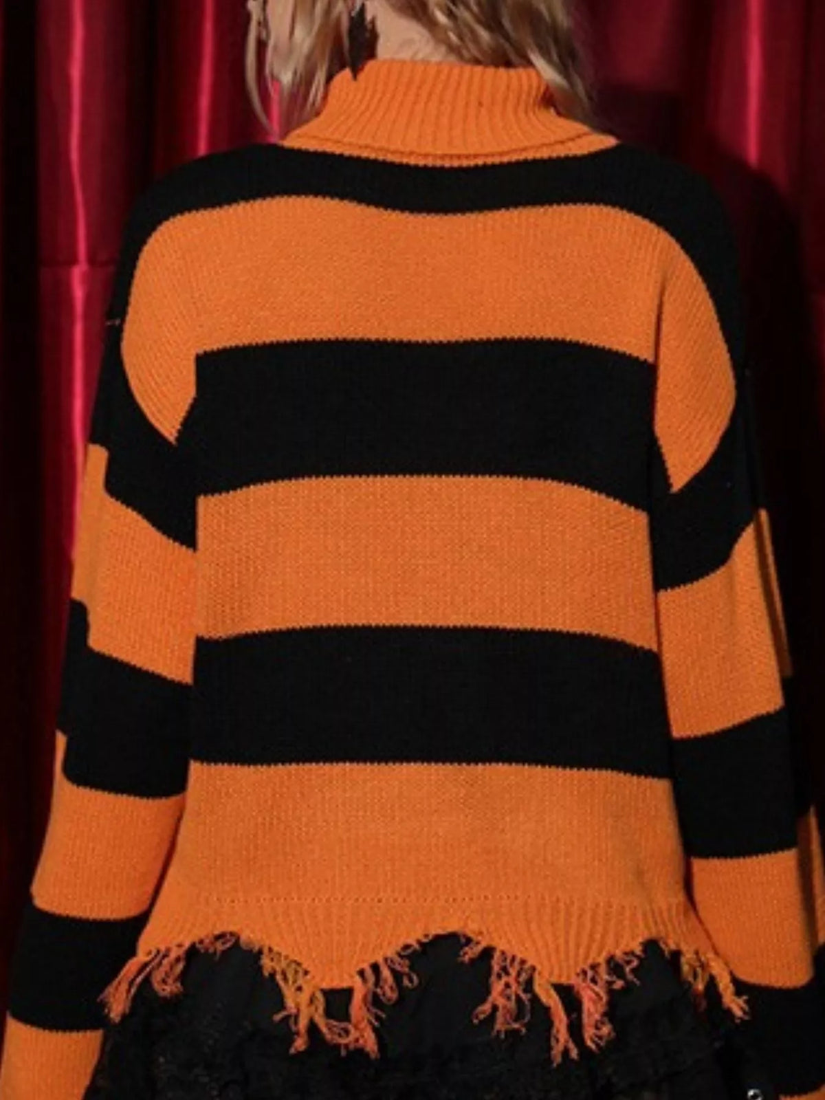 Trendsi Halloween Bat Graphic Striped Turtleneck Raw Hem Sweater -