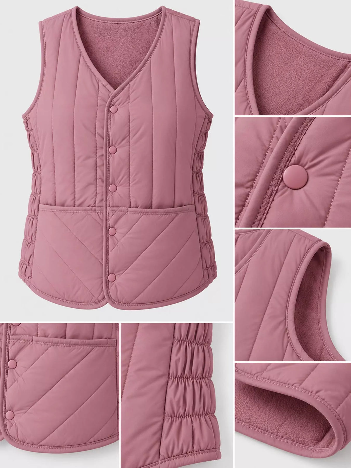 Quilted Button Up Vest in mauve, construction detail