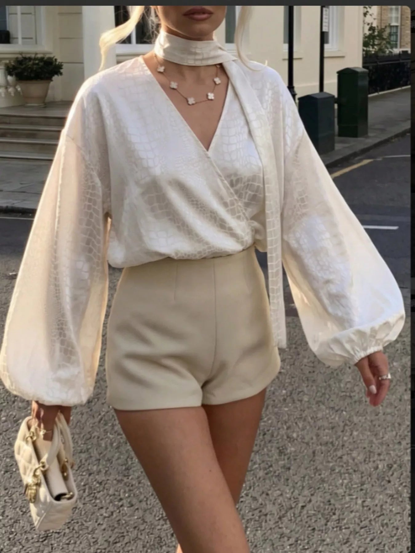 Trendsi Crocodile-Embossed Surplice Balloon Sleeve Blouse -
