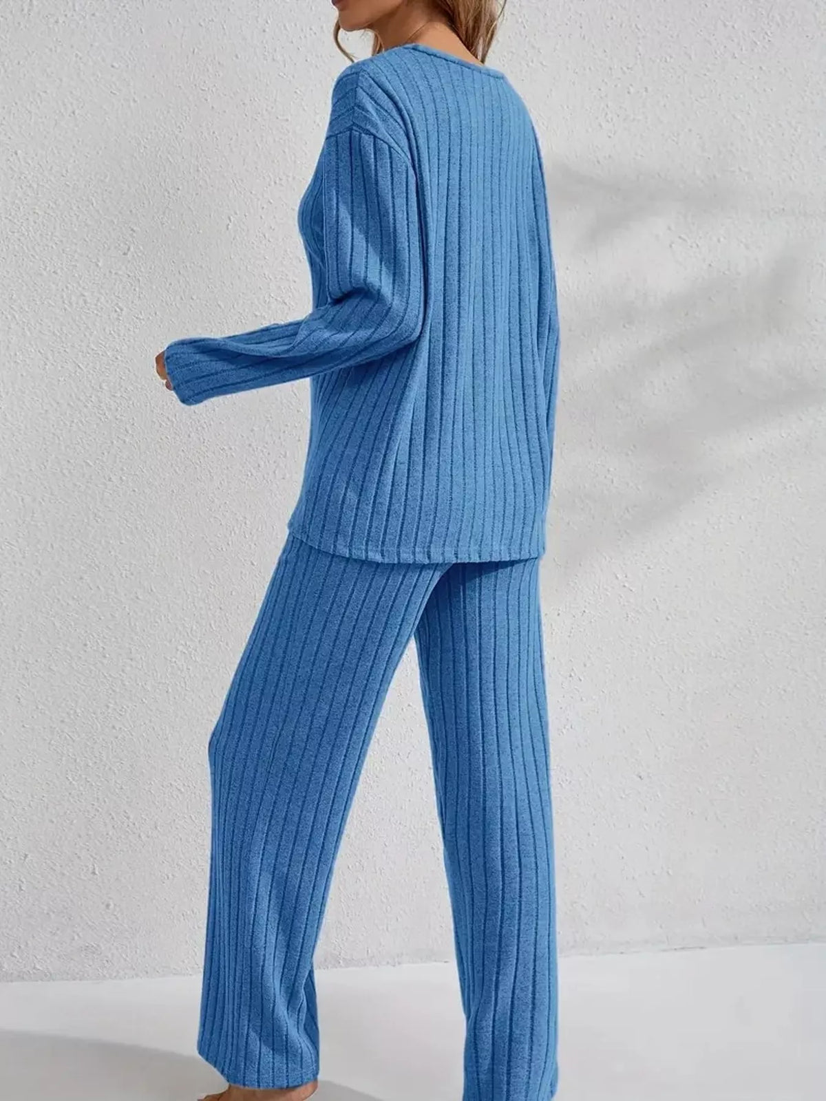 Ribbed Knit V-Neck Top and Pants Lounge Set, back view in blue