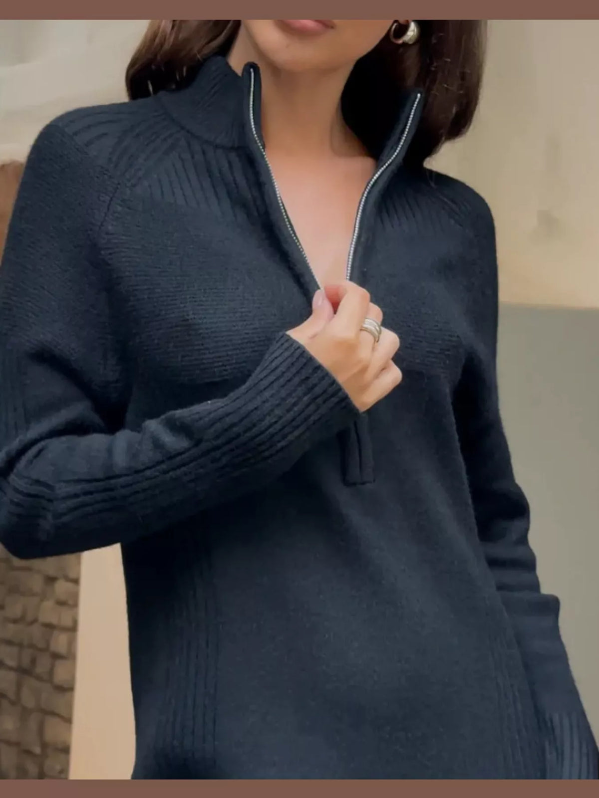Navy half-zip ribbed knit sweater dress — design and construction details