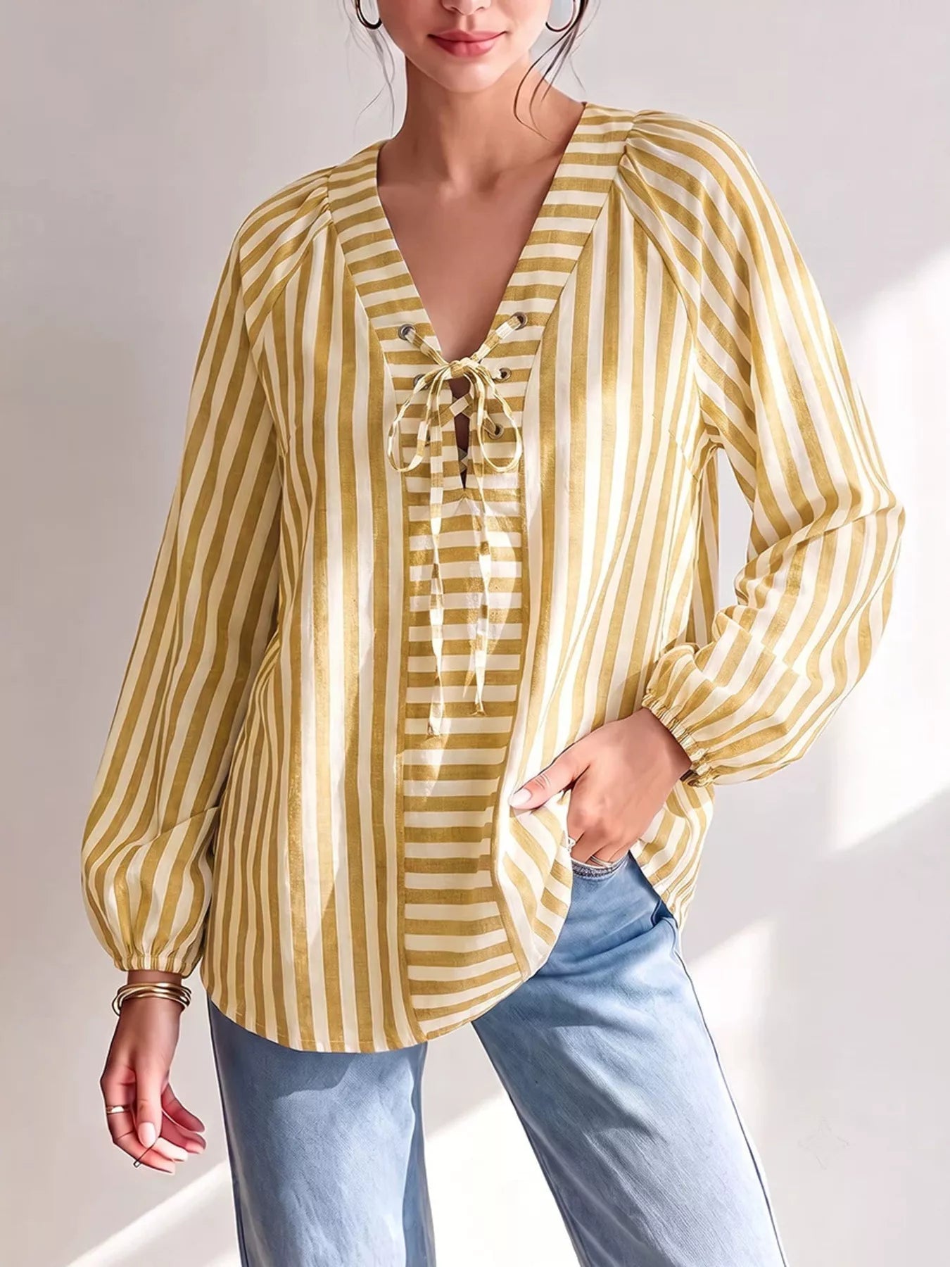 Trendsi Striped Tie Front Long Sleeve Blouse -