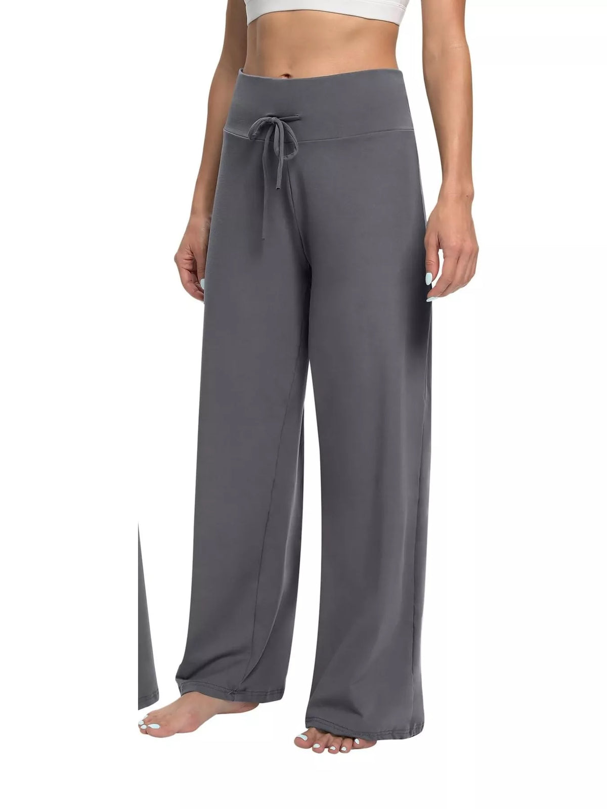 Gray drawstring wide-leg pants — front view